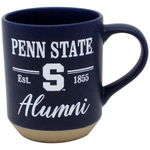 navy ceramic mug with white Penn State Est. 1855, block S, and script Alumni, unglazed bottom